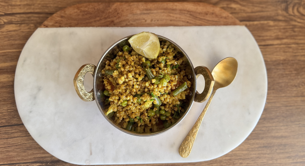 Image of Jowar Pulao cooked with vegetables, a vegan, gluten-free and dairy-free Indian meal made with sorghum.